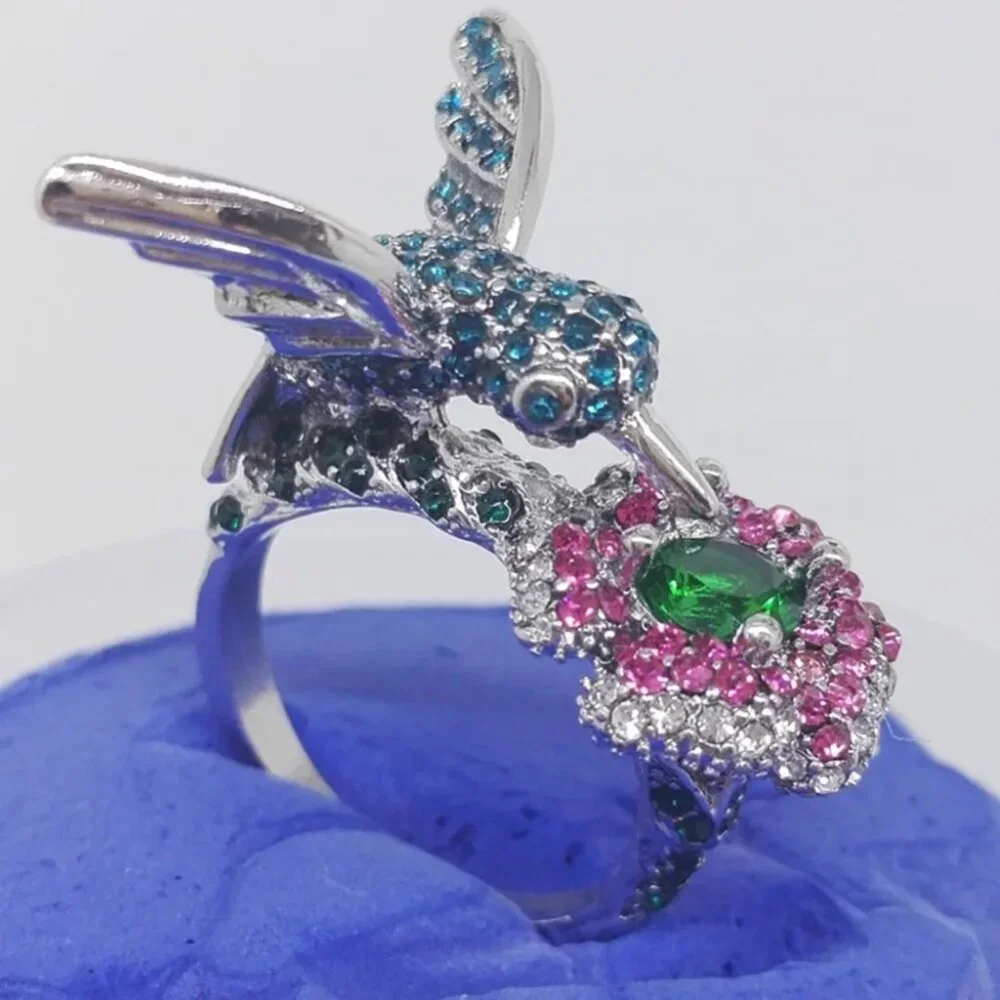 Women's Rhinestone Blue Hummingbird Ring - Picture 4 of 5